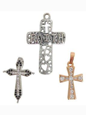 Christian Cross‎ Rhinestone Black Silver Gold Pendants for Necklaces (Set of 3)